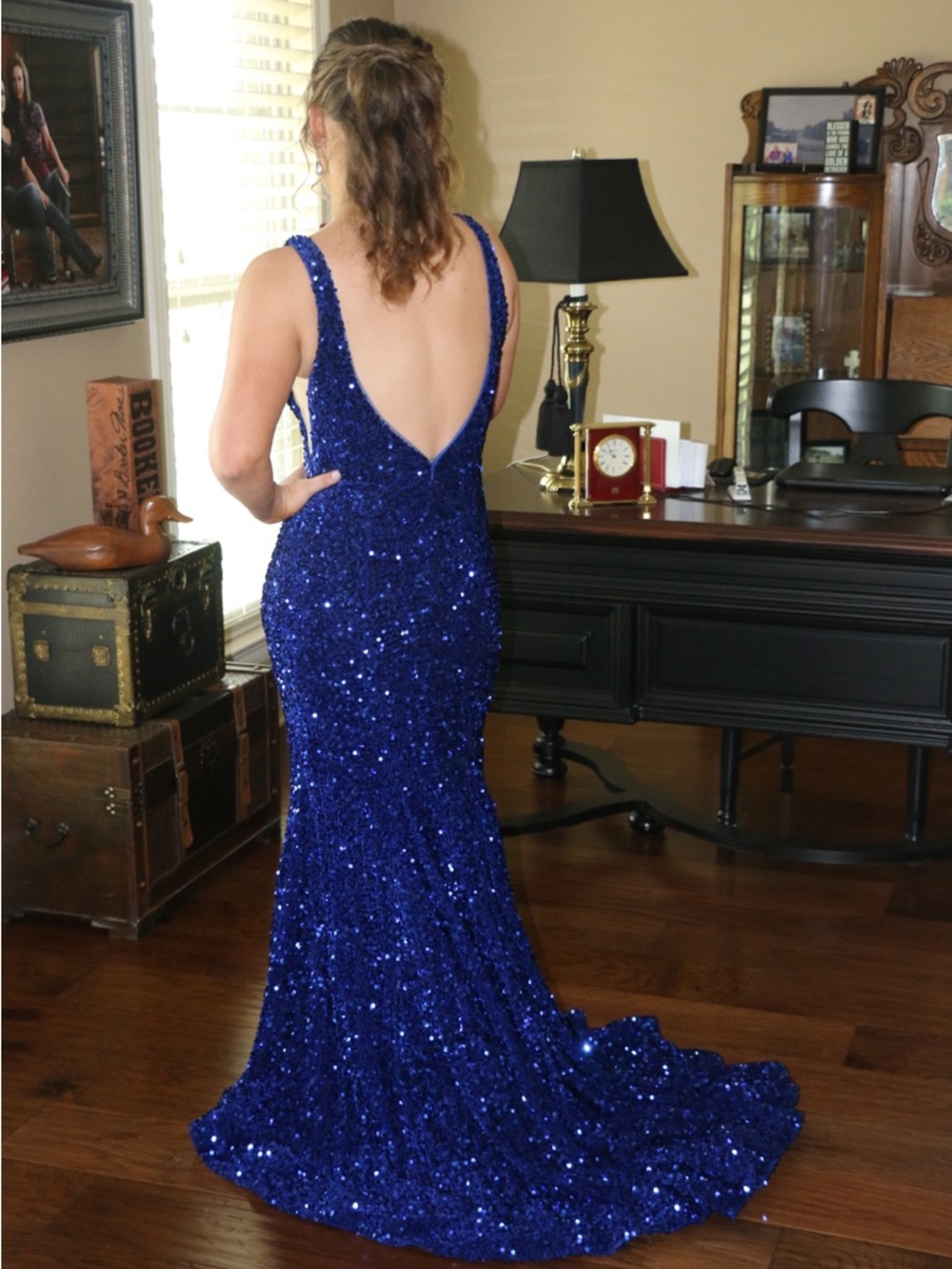 Sherri Hill Royal Blue Sequin on Velvet Prom Formal Dress - Picture 8 of 8